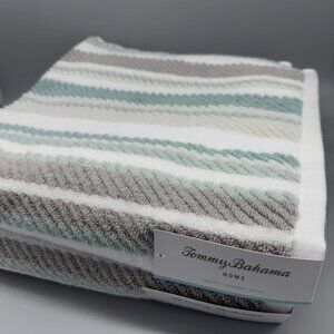 x2 Tommy Bahama Ocean Bay Stripe Bath Towel Set Gray Aqua Teal White Beach NEW